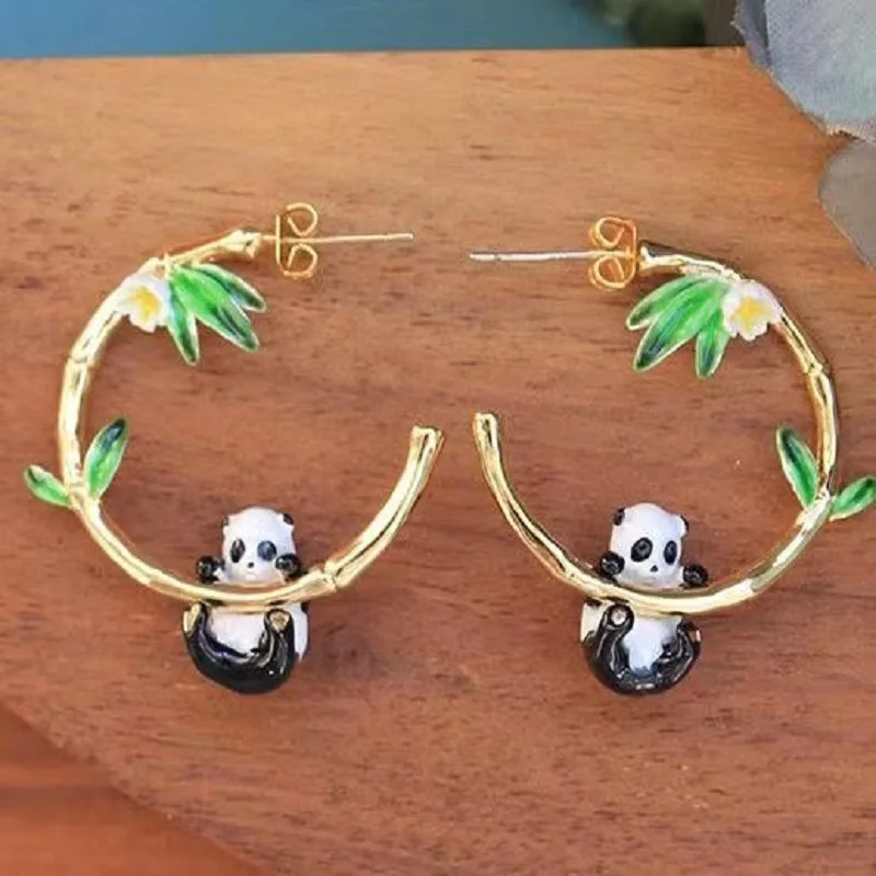 Panda and Bamboo Earrings with Enamel Ear Stud