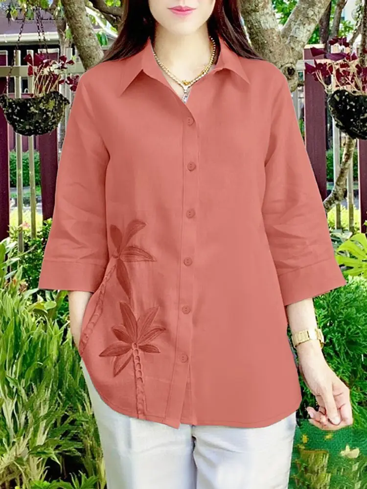Vintage Shirts ZANZEA Autumn Floral Embroidered Blouse Women V Neck 3/4 Sleeve Shirt Casual Buttons Blusas Female OL Wprk Tops