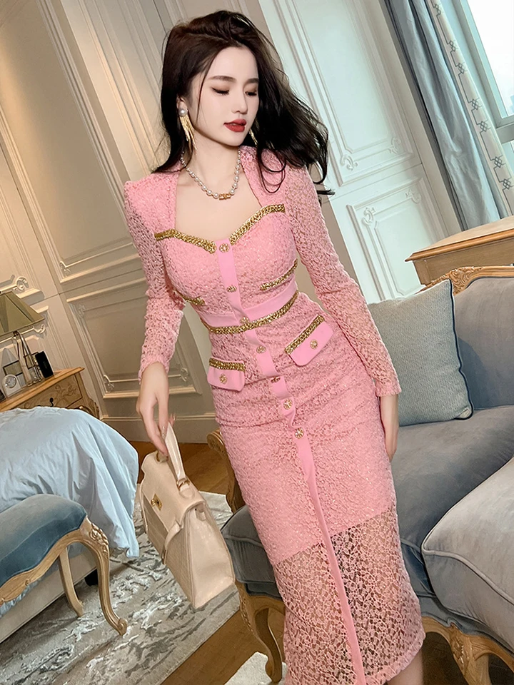 Women's Elegant Style Pink Dress Woman Lace Gold Silk Hook Flower Hollow Single Breasted Chain Robe Party Vestidos - AliExpress 200000345 Women's Elegant Style Pink Dress Woman Lace Gold Silk Hook Flower Hollow Single Breasted Chain Robe Party Vestidos - AliExpress 200000345