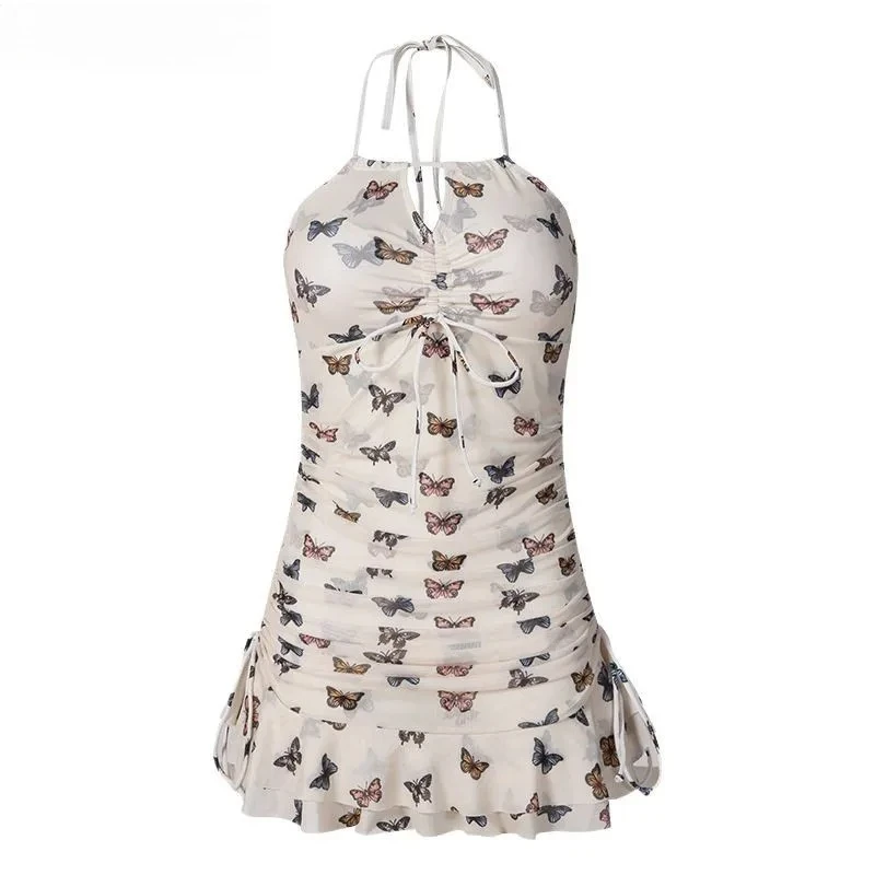 

Japanese New Cute Sweet Female Summer Seaside Vacation Swimwear Drawstring Straps Hollowed Out Backless Neck One Piece Swimsuit