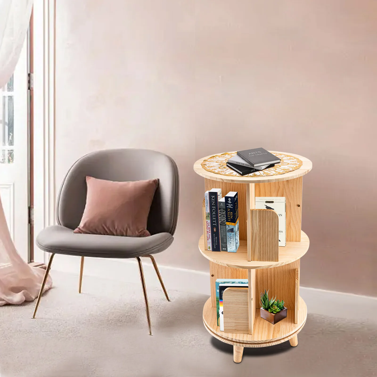 

Floor-standing Two-story Solid Wood 360° Rotating Bookshelf Multifunctional Shelf High Load-bearing Storage Rack