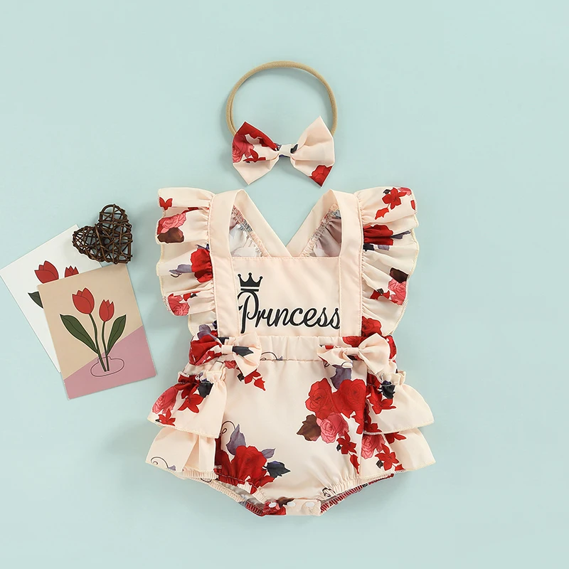 

Summer Baby Girls Rompers Flower Print Flying Sleeve Square Neck Bodysuit Bow Headband Sunsuits Outfits