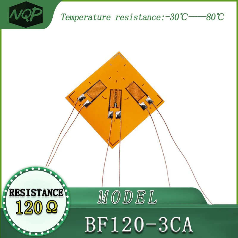 Three-directional strain rosette BF350-3CA, with a resistance value of 350 ohms, and temperature compensation.