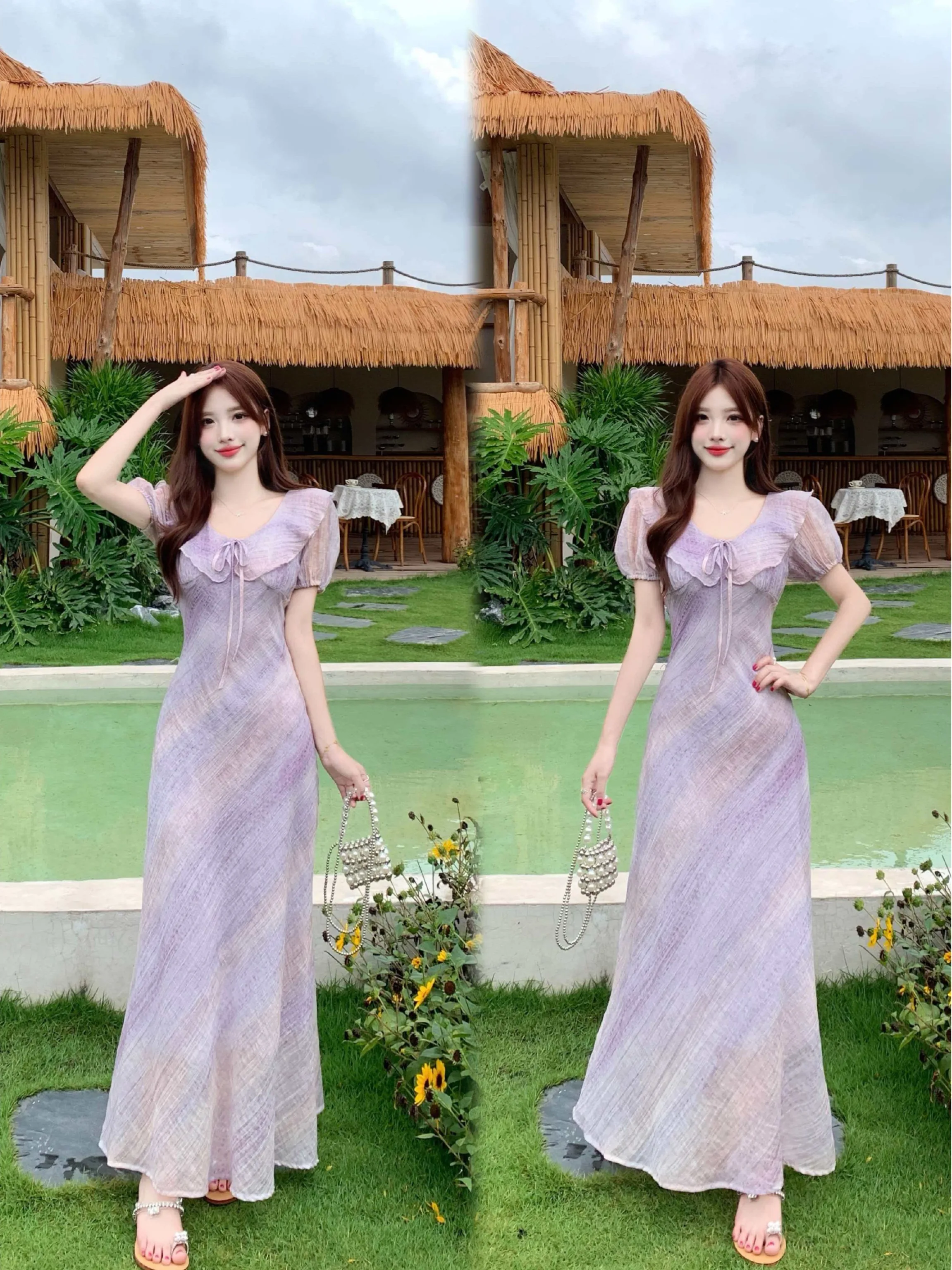 

plus Size Elegant Purple Floral Lace Trim Halter Neck Dress Summer Gradient Bubble Sleeve Chiffon Long Dress Women's Fashion
