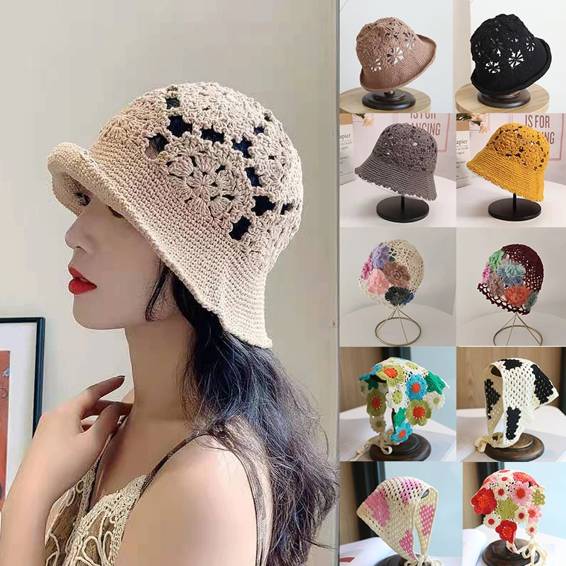 Women\'s knitted hat spring and summer gradient color handmade crochet flower toe cap hat retro beauty elegant hollow bucket hat