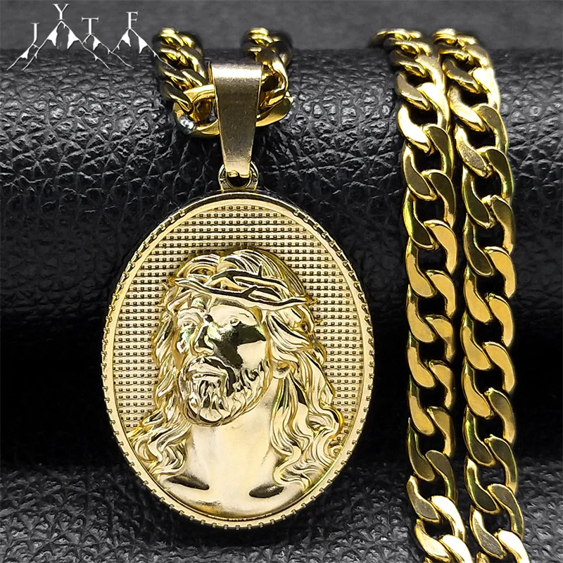 

Crown of Thorns Jesus Men Necklace Hip Hop Stainless Steel Christ Gold Color Medal Pendant Religious Necklaces Jewelry NZZ471S05