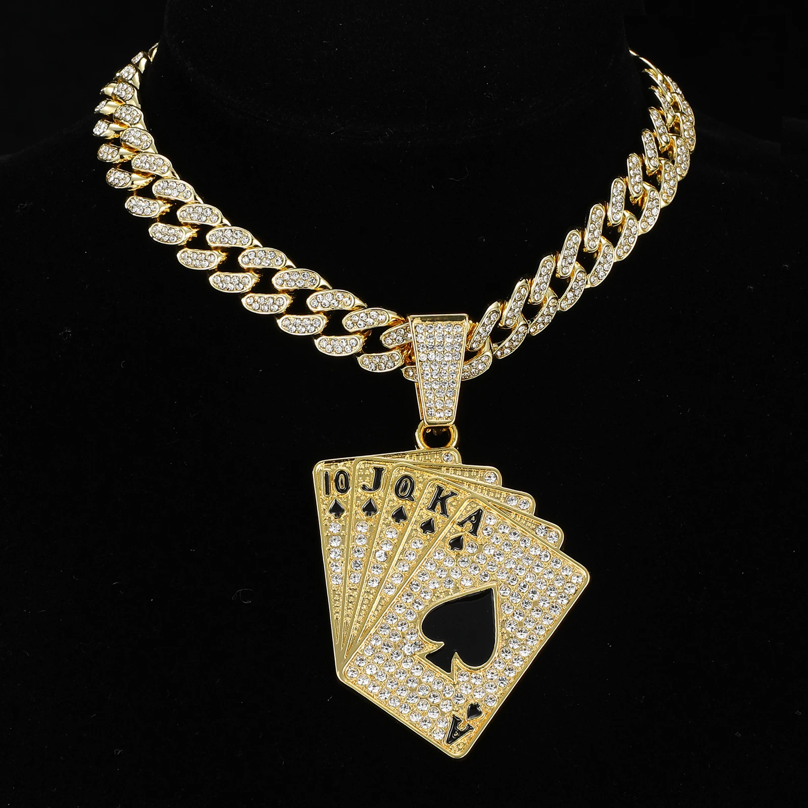 HIP HOP Iced Out Poker Card With 13mm Cuban Link Chain AAA+ Rhinestone Necklaces For Men's Women Rapper Jewelry