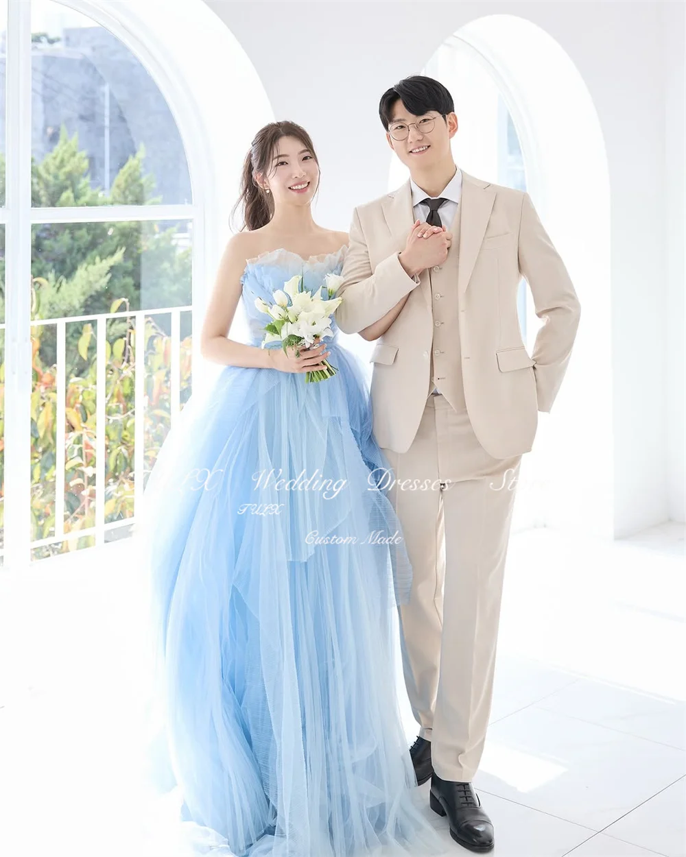 TULX Prinzessin Blaues Tüll-Abendkleid, A-Linie, trägerlos, mit Falten, Korea, Hochzeit, Fotoshooting, bodenlanges Korsett, individuell gestaltet