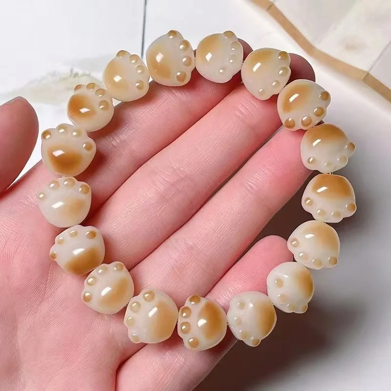 Charcoal-burned paw cat's eye root bracelet for women, natural white jade bodhi seed, soft and flexible hand-held bodh