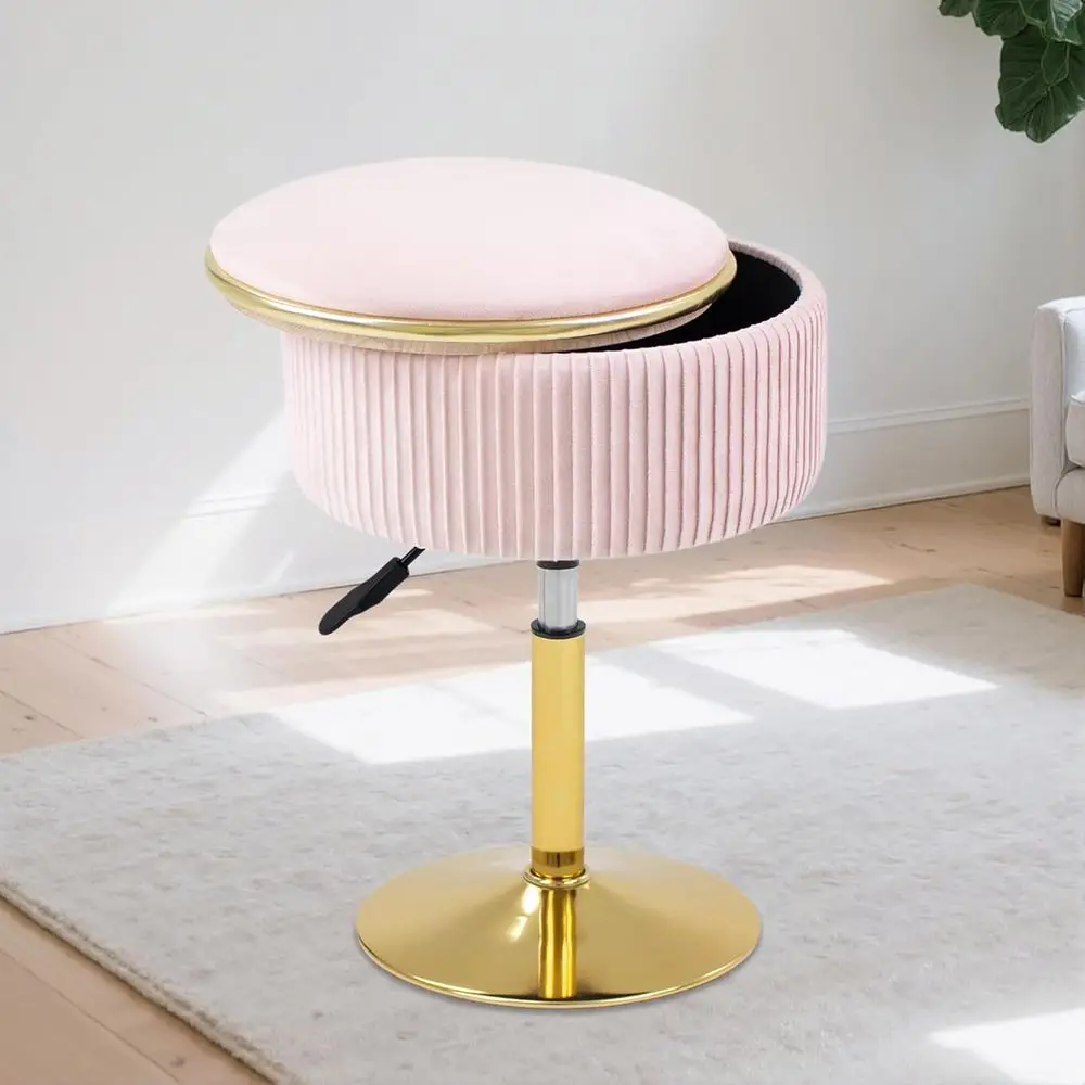 

Adjustable Vanity Stool with Storage, 360° Swivel Makeup Chair Small Velvet Round Ottoman with Gold Base, Pink