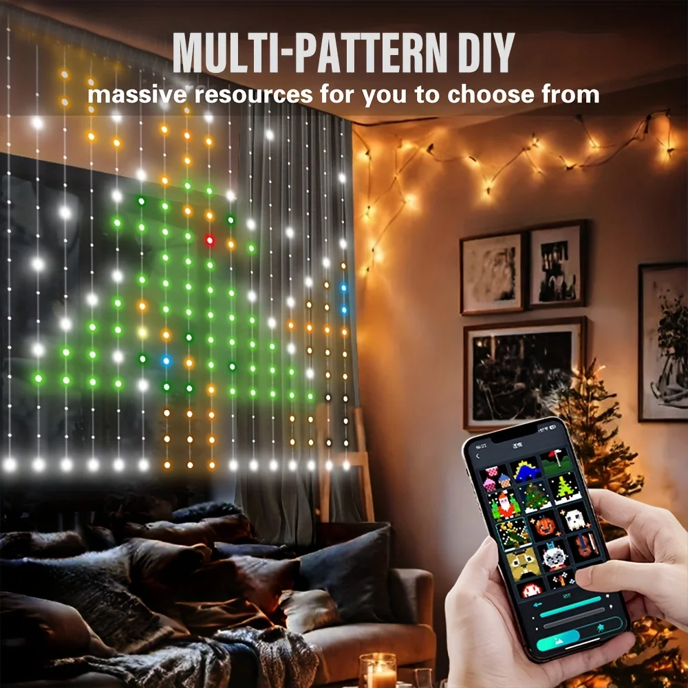 400LEDs Programmable Smart Bluetooth LED Curtain String Light DIY Text Photo Display RGBIC String Light Christmas Decoration