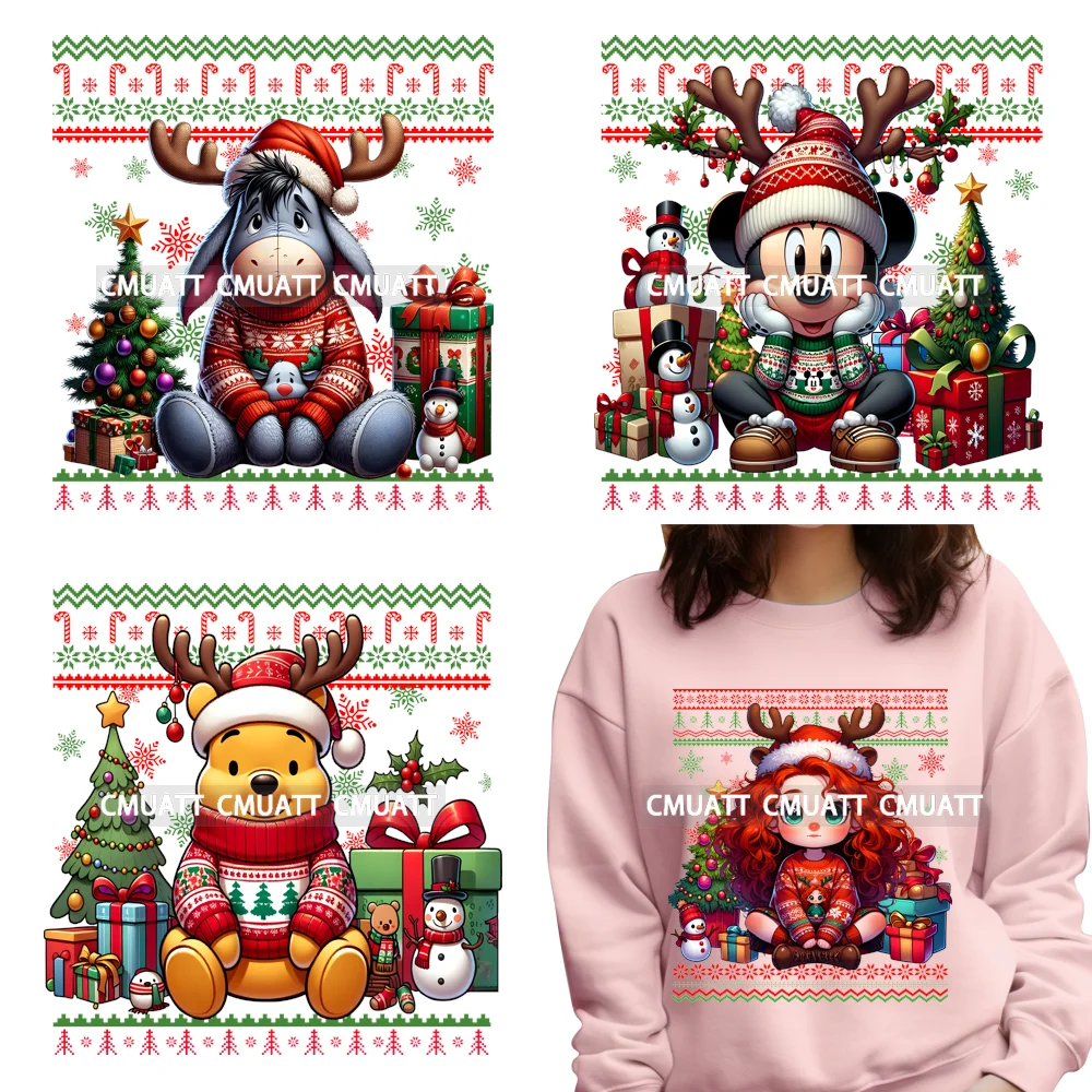 Cartoon Characters Wear Ugly Sweater Christmas Friends Girl Baby Cute Bear Transfer Printing DTF Stickers Iron On For Garment