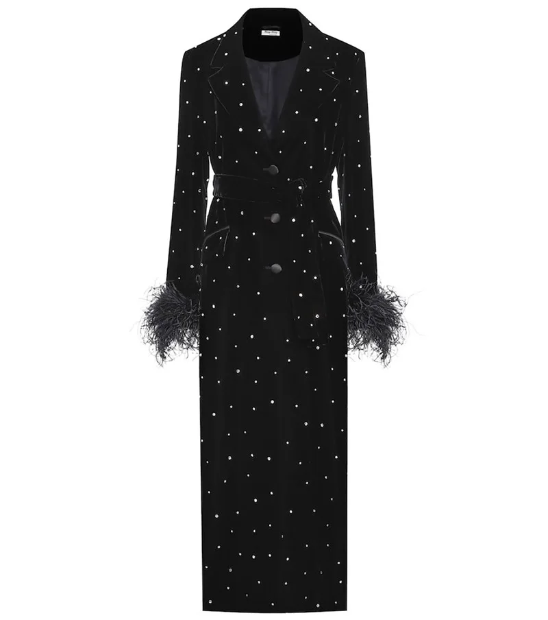 Pearls Ostrich Feather Prom Dress Velvet Women Suit Blazer Black Wedding Tuxedo With Belt Custom Made Party Gown Jacket