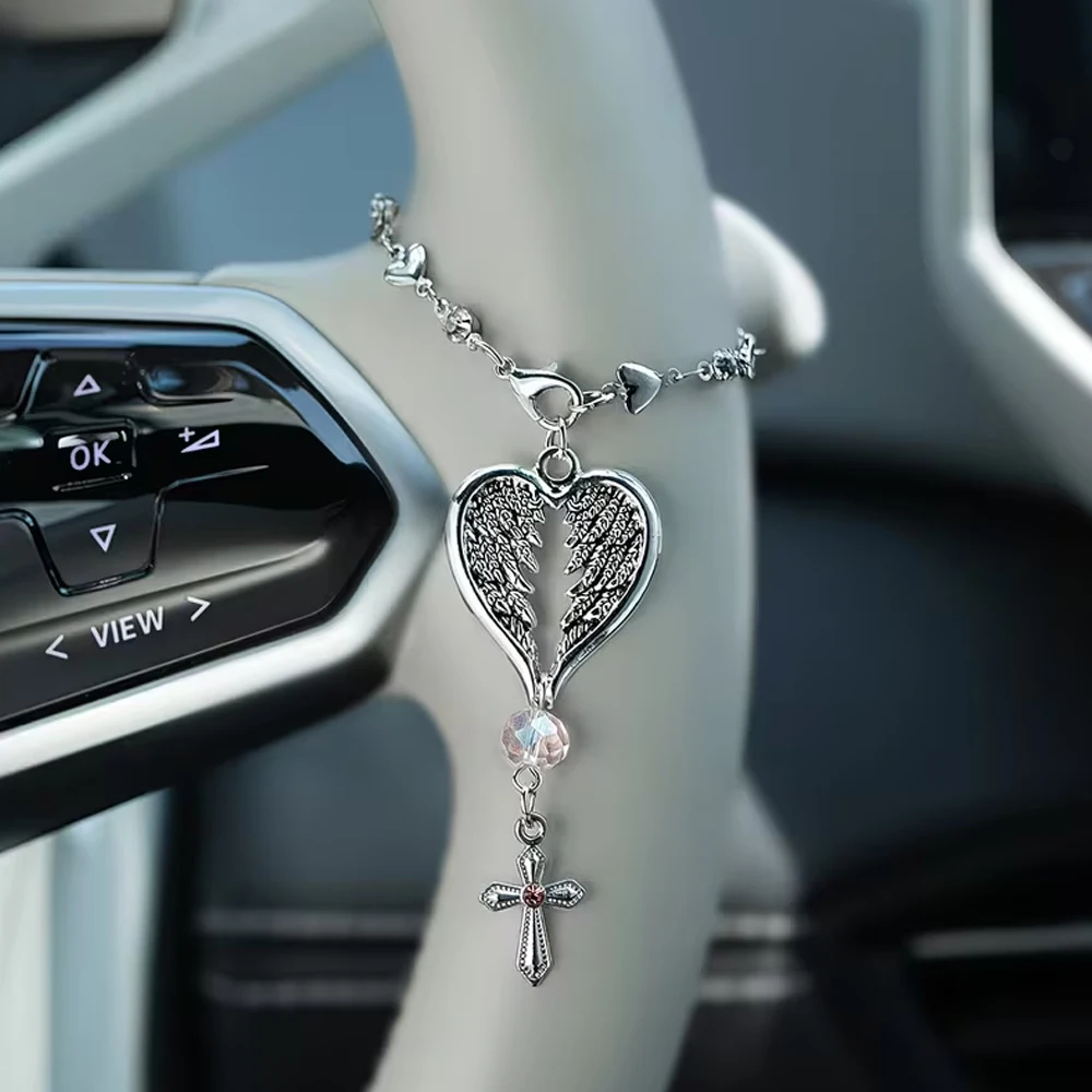 Vintage Angel Feather Cross Car Hanging Ornament (with Chain) Exquisite Car Interior Rearview Mirror Pendant