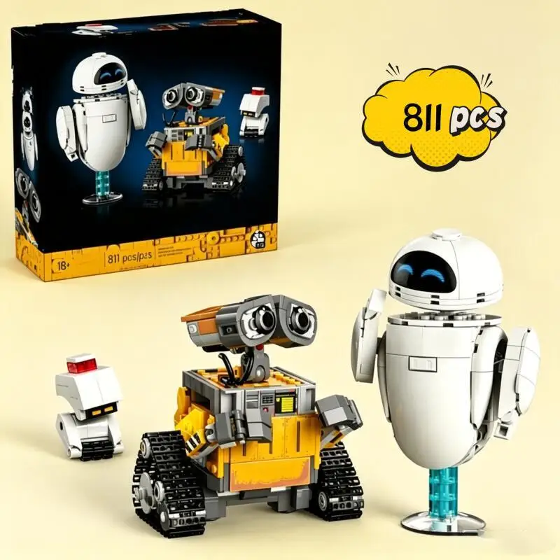 Novo Kit de Blocos de Montar 811 Peças: Robô de Limpeza Wall-E e Robô Eva - Personagens de Desenho Animado Fofos para Presentes de Aniversário