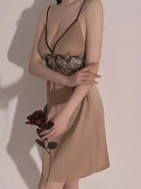 صيف جديد ربيع مثير عميق الخامس الساتان خياطة شبكة التطريز الحمالة فضفاضة الخصر منظور الشيفون فستان بتصميم بدلة أنيقة N5ZW