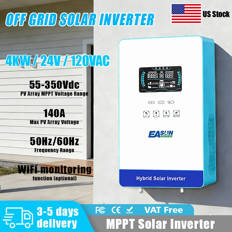 EASUN POWER US Hybrid Inverter 4KW 24V 140A MPPT Solar Charger Pure Sine Wave Inverter for Home 6.25 Inch LCD Display Household
