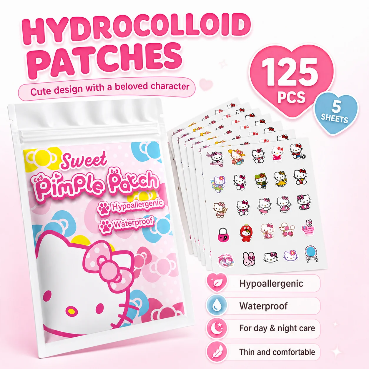 125piece San‑rio Hello‑Kitty‑themed hydrocolloid acne patches facial decorative stickers that can cover blemishes and acne scars
