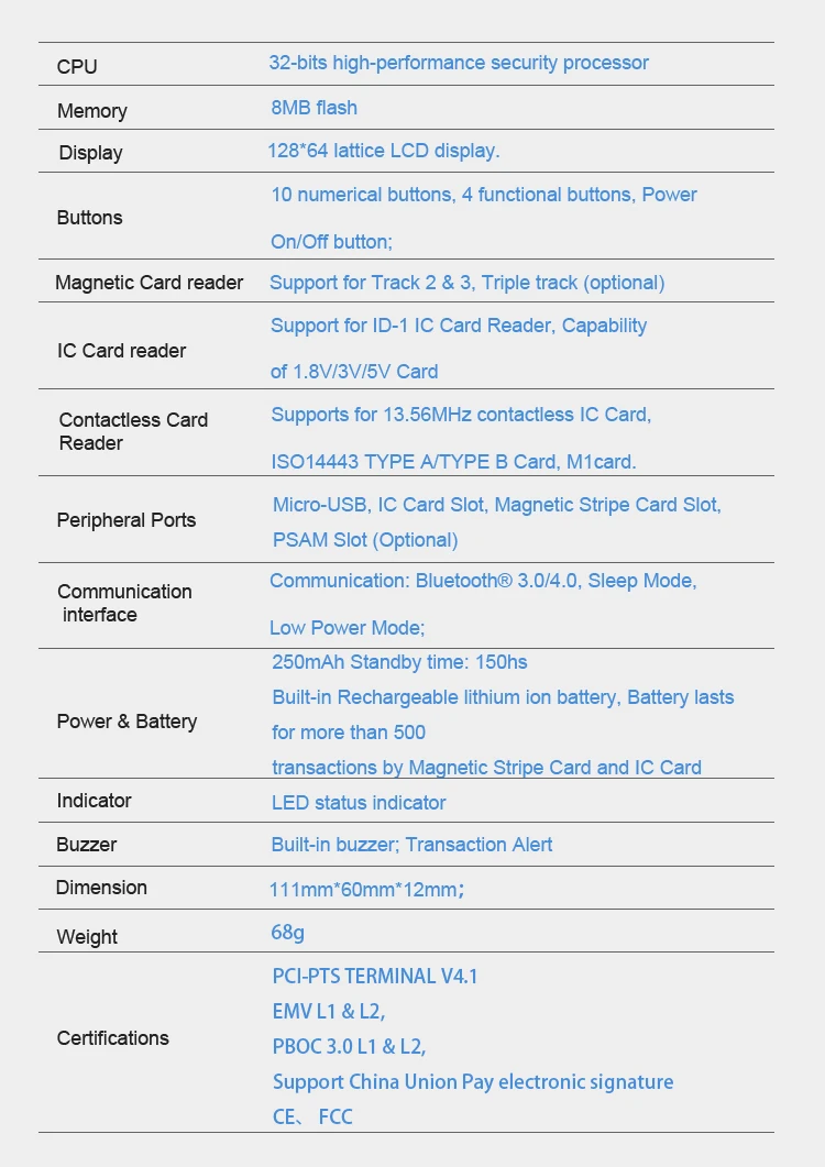 Imagem -03 - Mpos do Escritor Mpos do Leitor de Cartão da Microplaqueta do Crédito do Teclado com Emv Pci Mpos Aprovou o Sistema do Pinpad do Icc Nfc do Msr da Conexão de Usb bt