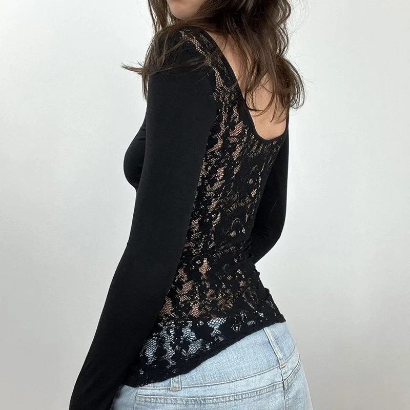 Sexy lace patchwork perspective backless half open button short top spicy girl slim fit versatile long sleeves T-shirt