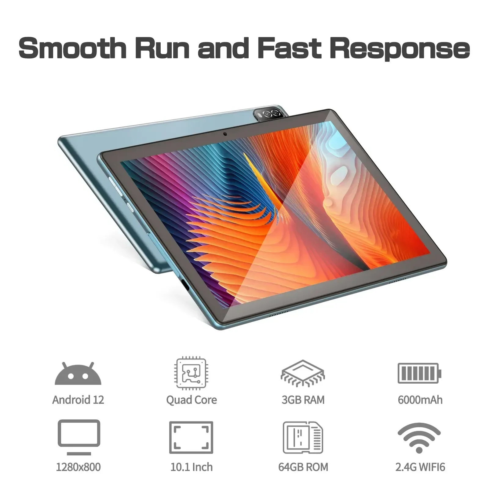 PRITOM Android 12 Tablet 10.1 Inch 3GB RAM 64GB ROM Quad Core Processor WiFi 6 GPS HD IPS Screen 8.0 MP Rear Camera