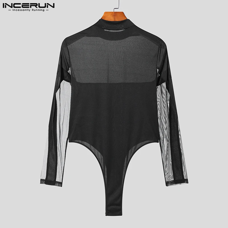 Macacão Homewear Sexy INCERUN masculino, See-Through Mesh Splice Bodysuits, Casual Sólido De Malha Manga Longa Macacões, Novo, S-5XL, 2023