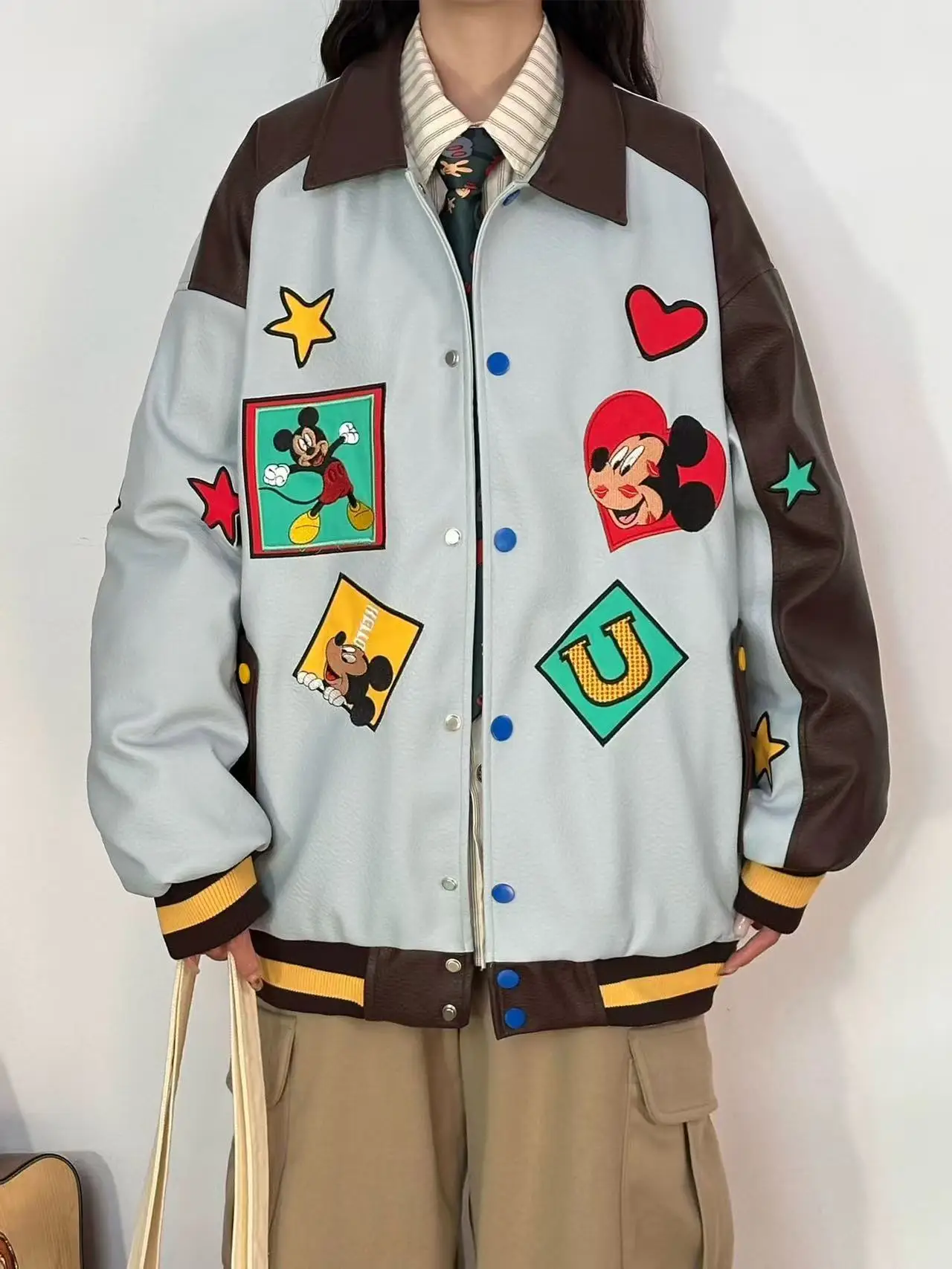

Color Block Cartoon Leather Jacket Winter Single Breasted Embroidered Lapel Coat Loose Mid-Length Winter Clothes for Women