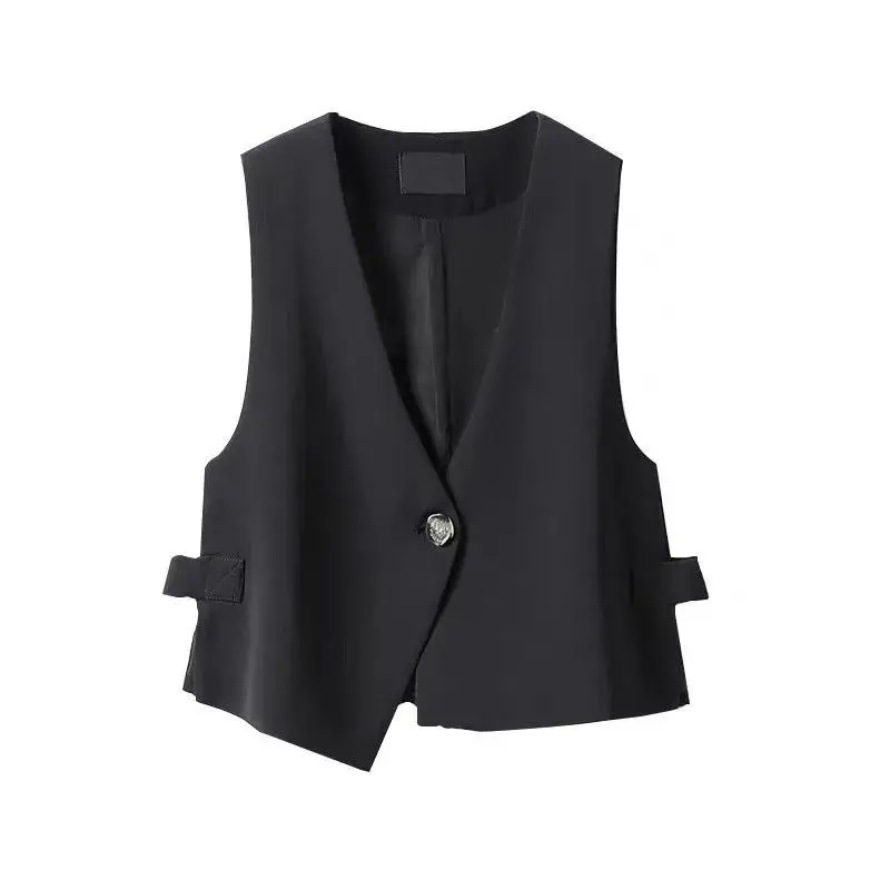 Suit Vest Women Cropped Jacket Sleeveless Coats Korean Fashion Black Blazer Waistcoat Spring Autumn Women Clothing Outerwear Top