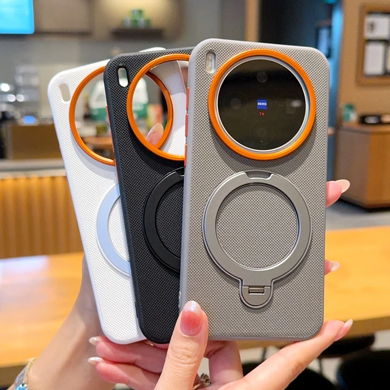 

Чехол для Vivo X300 и Vivo X300 Pro с магнитным металлом 360° ° Вращающийся держатель, подставка, сетчатый узор, кожа, хорошая ручка, мягкая задняя крышка