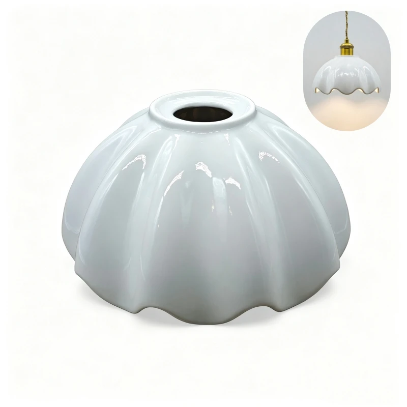 Nordic Pure White Glazed Ceramic Lampshade, Pumpkin Petal Shaped Lamp Accessory, Retro Personalized Light Replacement Cover