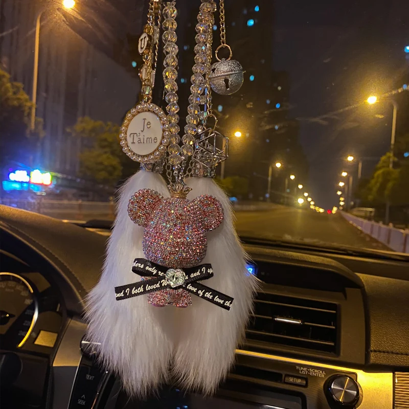 Luxury Bead Crystal Car Pendant Cartoon Bear Bell Diamond Fur Fox Hanging Ornaments Rhinestone Tassels Car Mirror Decoration