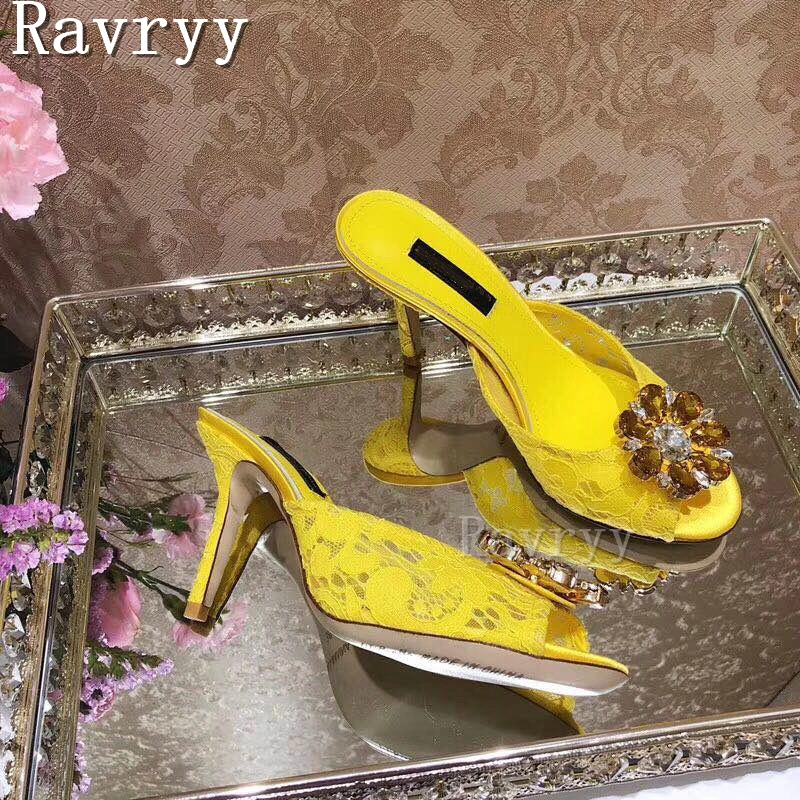 Rhinestone Flowers Lace Slippers Female Summer New Fashion Peep Toe Thin High Heel Sandals Outside Lady Crystal Half Slipper