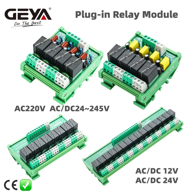 Moduł przekaźnikowy GEYA 4C/8C/16C z wtyczką, przekaźnik 1SPDT 1NC1NO do AC DC 12V 24V 220V, przekaźnik PLC
