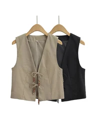 KAOPU ZA gilet da donna Vintage con perline in lino gilet da donna senza maniche con scollo a v gilet donna top con lacci