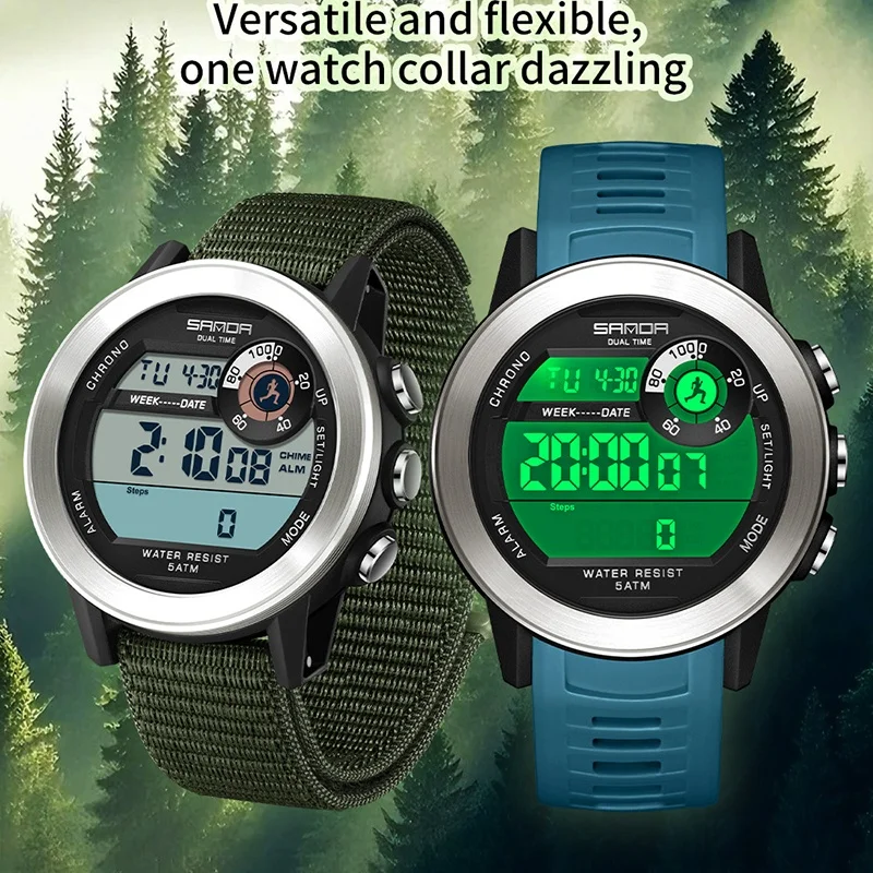 SANDA 2215 Military Sports Electronic Watch LED Digital Display Multifunction 5ATM Waterproof Mileage, Step Calorie, Stopwatch