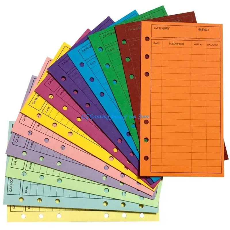 

H9EB Pack of 12 Colorful Cash Envelopes 6-Hole Budget Envelopes Colored Budget Sheets 6.5 x 3.4 Inch for Budget System