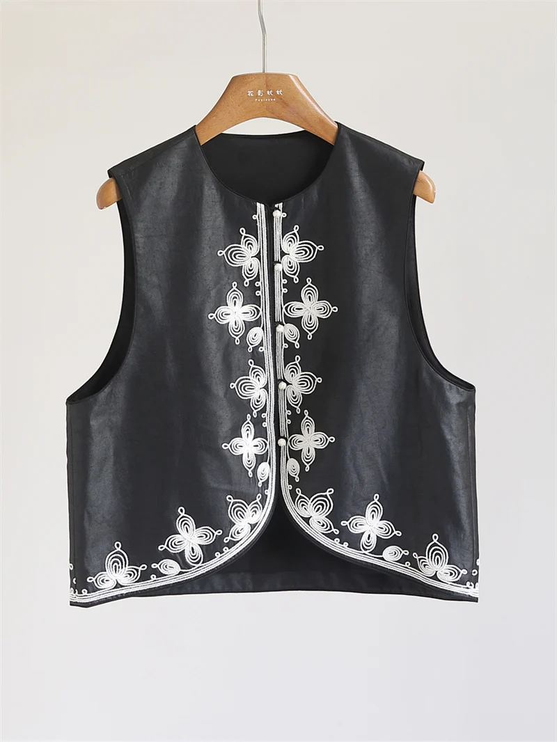 

Шелковый жилет с вышивкой и круглым вырезом в традиционном китайском стиле для женщин, с плоской нитью и дисковой веревкой, новая модная модель с наплечниками.
