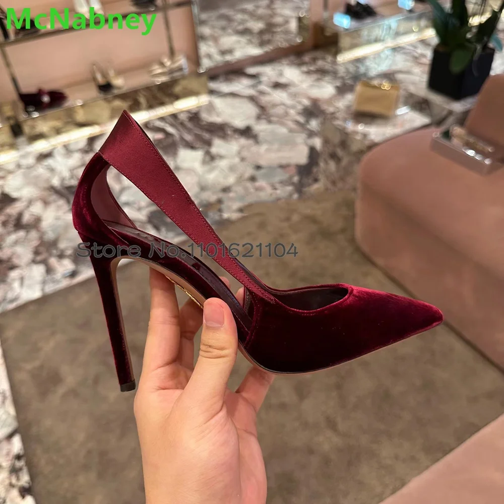 Wine Red Suede Fabric Pumps For Female Women 2024 Pointed Toe Slip-on Thin High Heel Elegant Luxury Simple Design Elegant Shoes