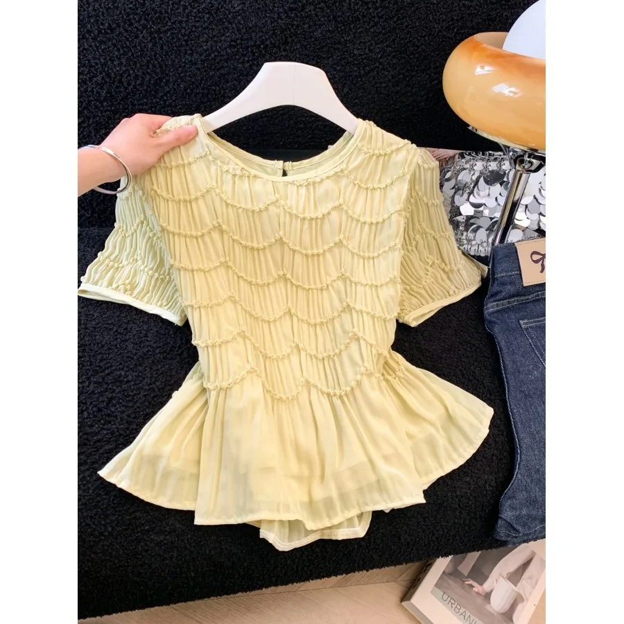 

Elegant Chic Women's Summer Commute Chiffon Top Beautiful Design Sense High Level Good Looking Trendy Short Sleeve round Neck