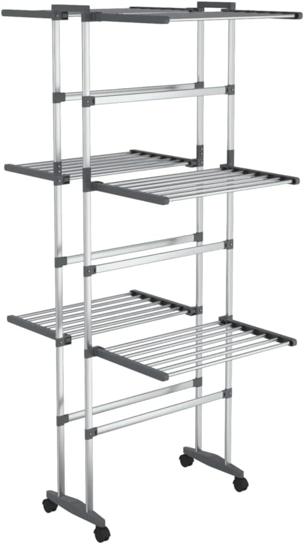 Foldable 3-Tier Laundry Drying Rack with Wheels in Silver - Compact Aluminium Clothes Drying Stand, Ideal for Limited Space