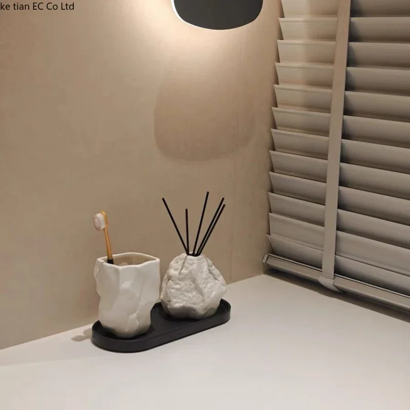 Rock Shape Mouthwash Mug Ceramic Toothbrush Cup Storage Tray Portable Travel Toothbrush Mug Vanity Sink Bathroom Accessories
