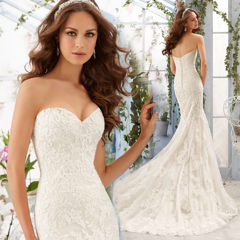 VENSANAC Sweetheart Lace Appliques Mermaid Wedding Dresses Off the Shoulder Backless Sweep Train Bridal Gown