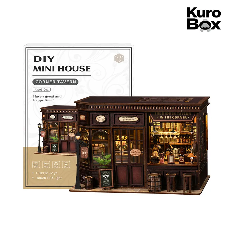 Hot Selling Vintage Corner Pub Miniature House DIY Wooden Book Nook Architecture Model Handmade Assembly Craft Bookshelf Decor