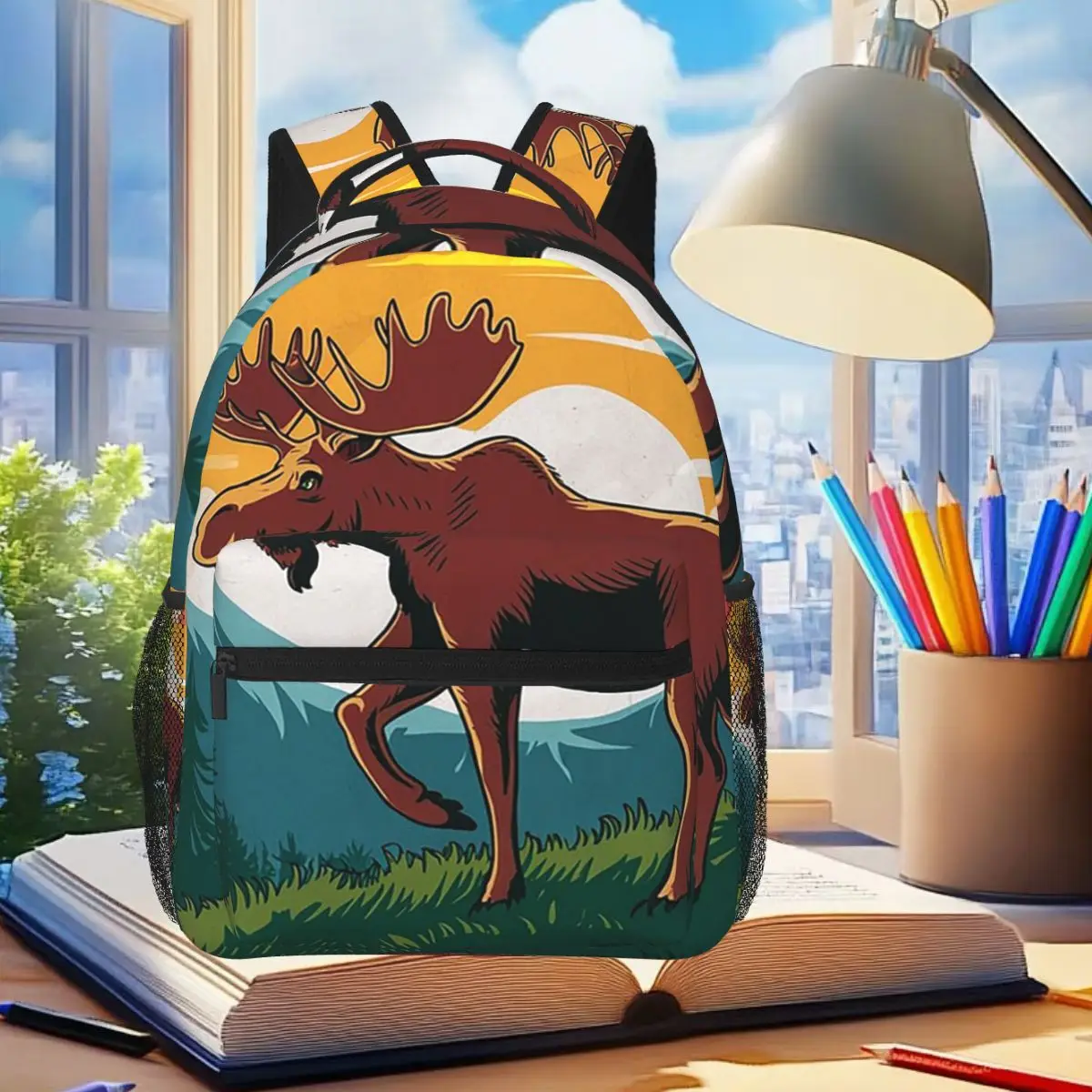 

Moose At Sunset And Pine Tree Backpack Student Boys Girls BookBag Kids School Bag Computer Shoulder Bags for Men Women