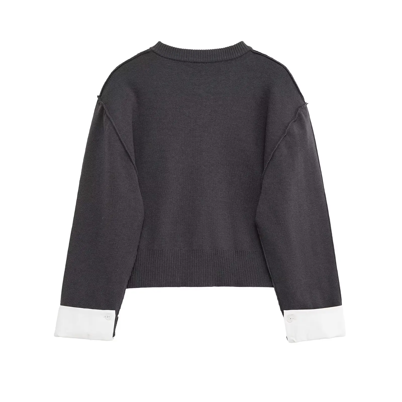KONDALA Chic Casual 2025 Women Gray Knit Patchwork Vintage Sweaters O-Neck Single Breasted Knitwear Elegant Casual Female Shirt