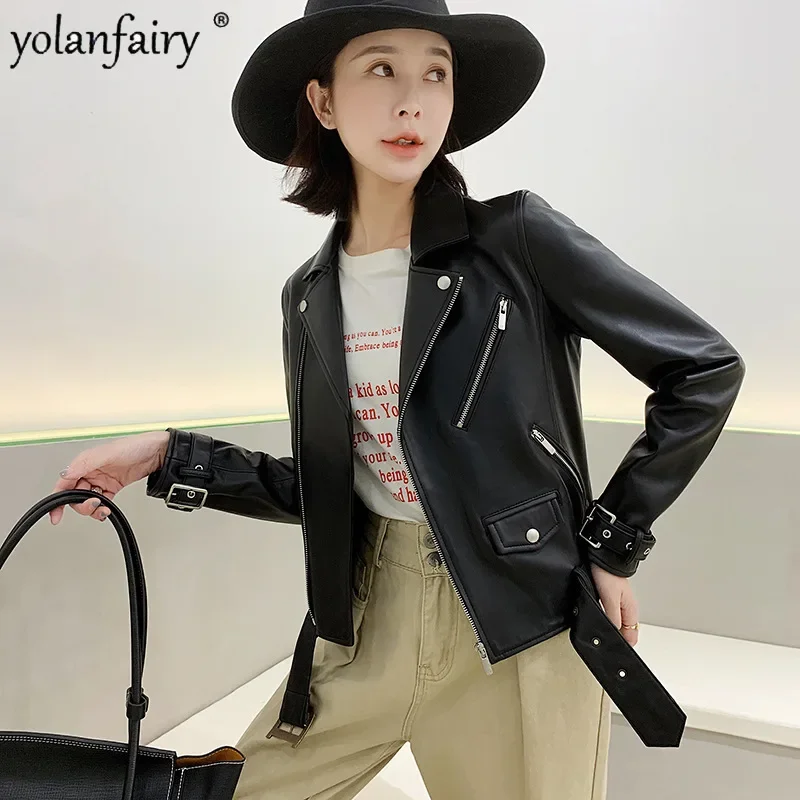 Genuine Leather Coat Women's Sheepskin Jacket Motorcycle Natural Leather Jackets for Women Korean Slim 2023 New Spring Autumn FC