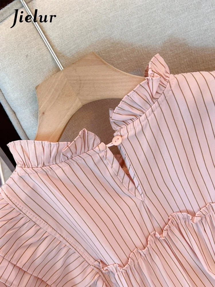 Jielur French Vintage Vertical Striped Loose Women Blouse Sweet Ladies Elegant Blouse Female Pink White Ruffles Collar New Top