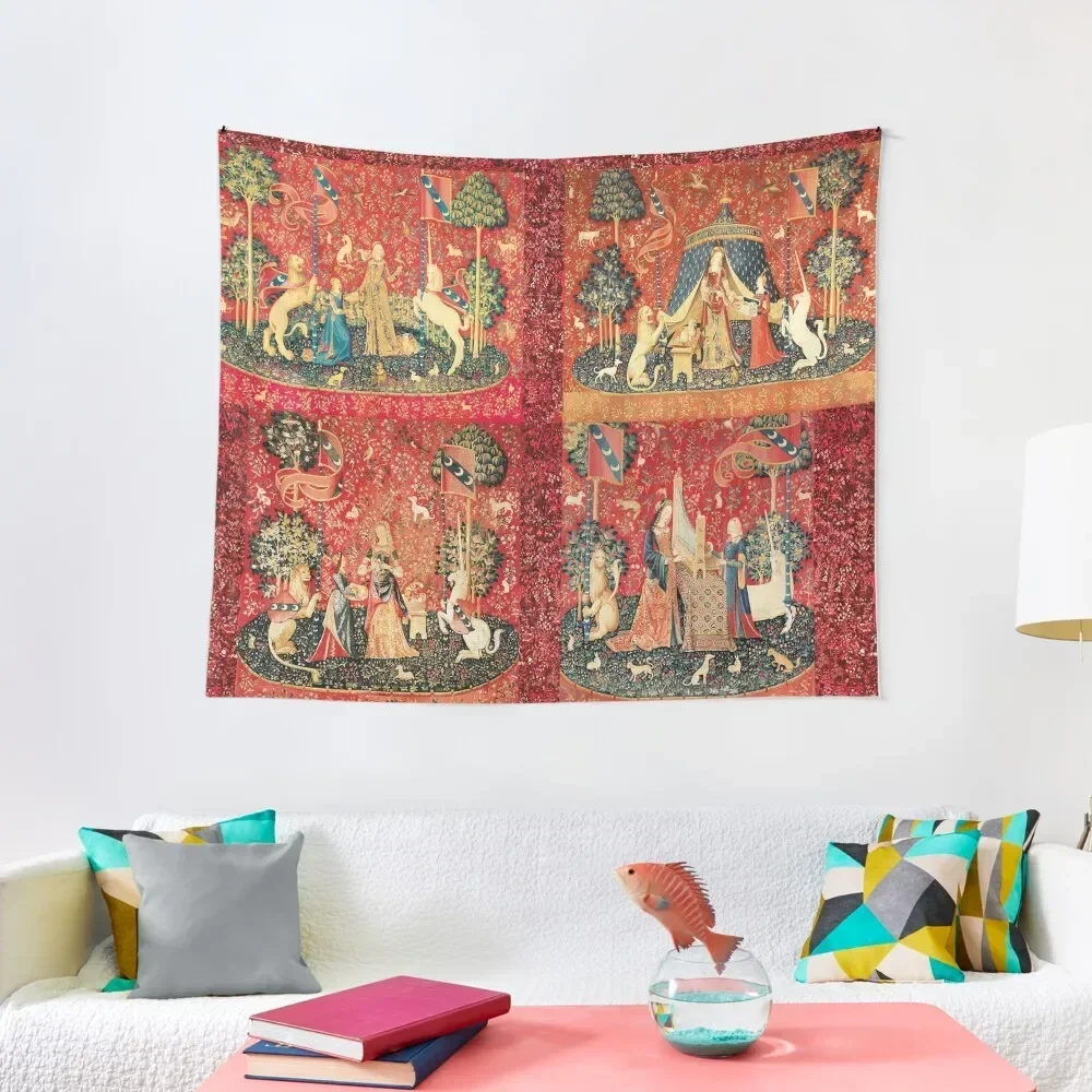 

FOUR LADY AND UNICORN STORIES ,Fantasy Flowers,Animals, Red Green Floral Collection Tapestry House Decor Home Supplies Tapestry