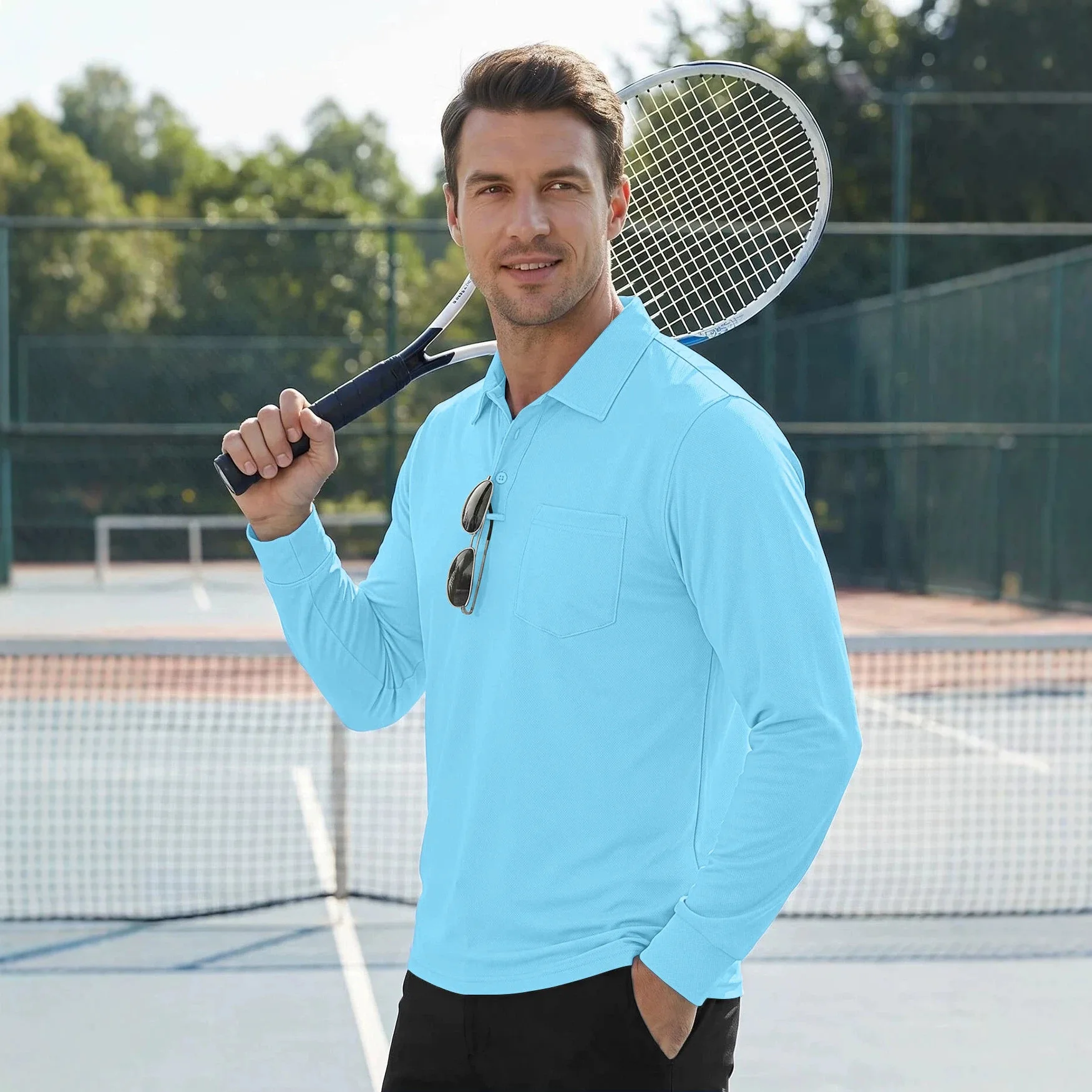 European American Men Solid Outdoor Sports Simple Basic Casual Trendy Daily Long Sleeve Turn-down Collar Polo Shirts Male Tops