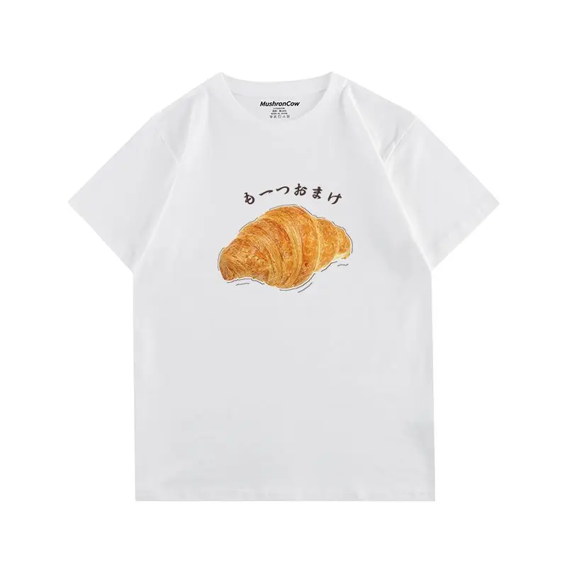 

American High Street Croissant Print Loose Comfortable Casual Short Sleeve T-shirt Couple Outfit for Men and Women